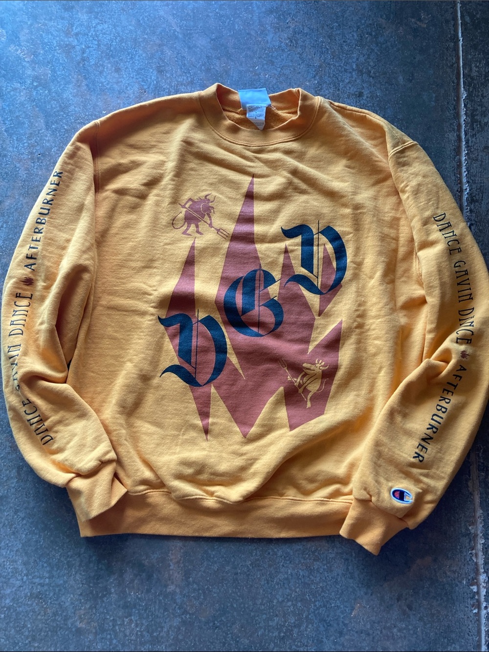 Champion Dance Gavin Dance Mustard Yellow Crewneck with Maroon Flame Graphic